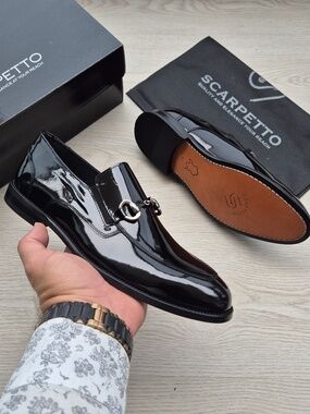 Black Patent Croco Embossed Loafers with Horsebit Detail